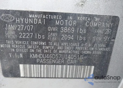 2007 Hyundai Elantra Gls/Limited/Se from USA, damaged, VIN KMHDU46D57U140518
